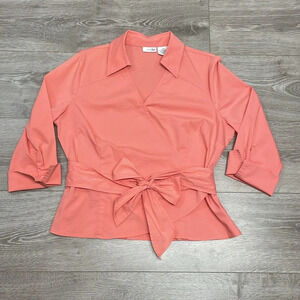 East 5th Collared V-neck 3/4 Sleeve Wrap Blouse Coral 14P